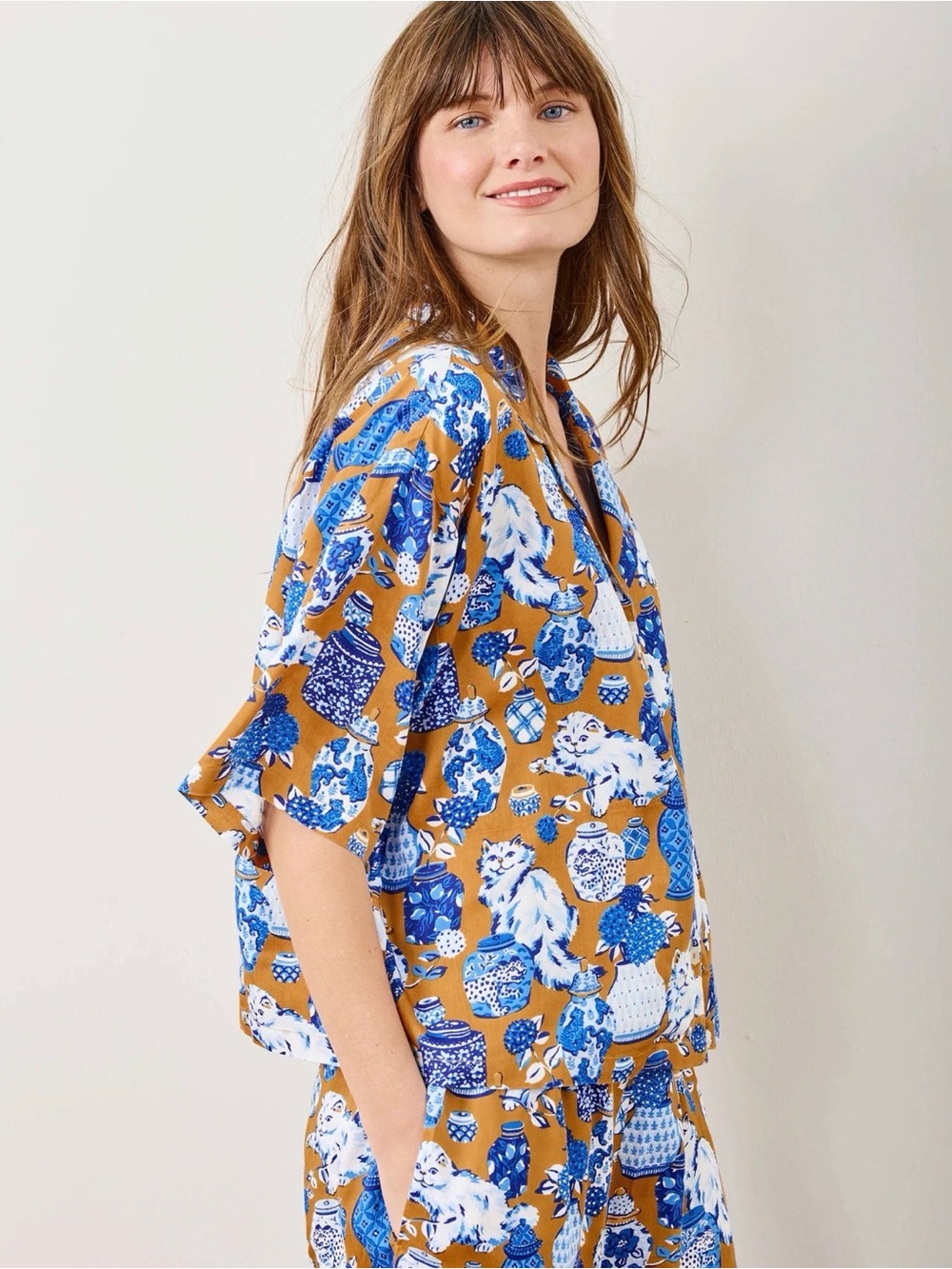 Printfresh Fancy Cat Satin Wildest Dreams Pajama Set in Tobacco - Picture 3 of 7